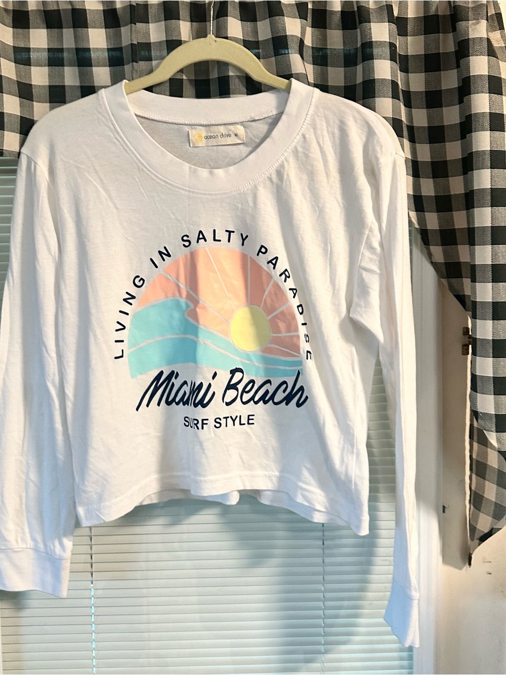 Ocean Drive White Long-Sleeve Tee with Pastel Miami Beach Graphic